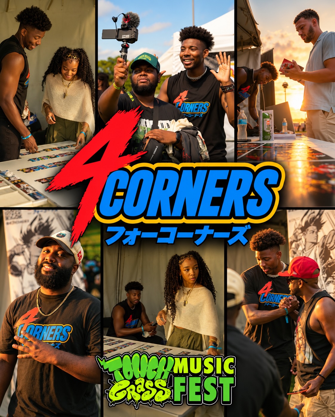 A 4 Corners collage of comic artists, a filmmaker, and festival moments