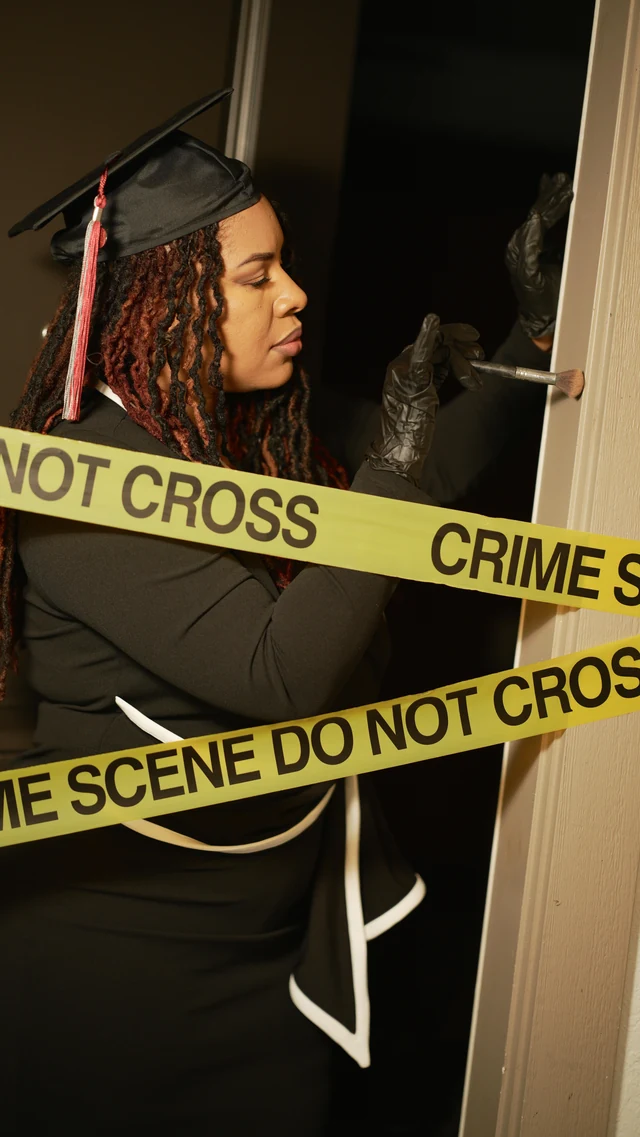 A graduation reel cover of Keira wearing a cap and brushing a doorway behind crime scene tape