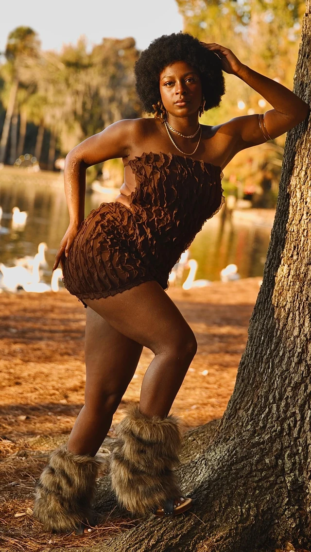 A reel cover of a woman in a brown dress standing beside a lakeside tree in golden light