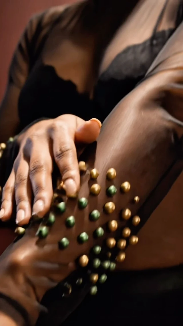 A reel cover showing gold and green details on a black fashion outfit