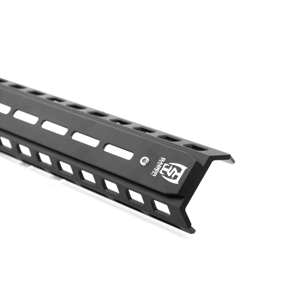 Close view of a black Saber Tactical ARCA rail against a clean white background