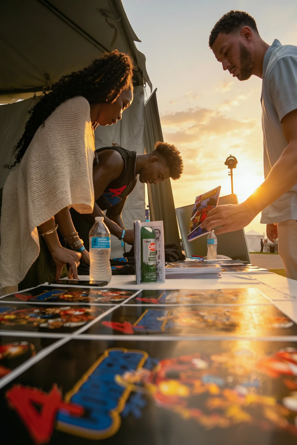 Visitors gathered around an artist’s print table at sunset